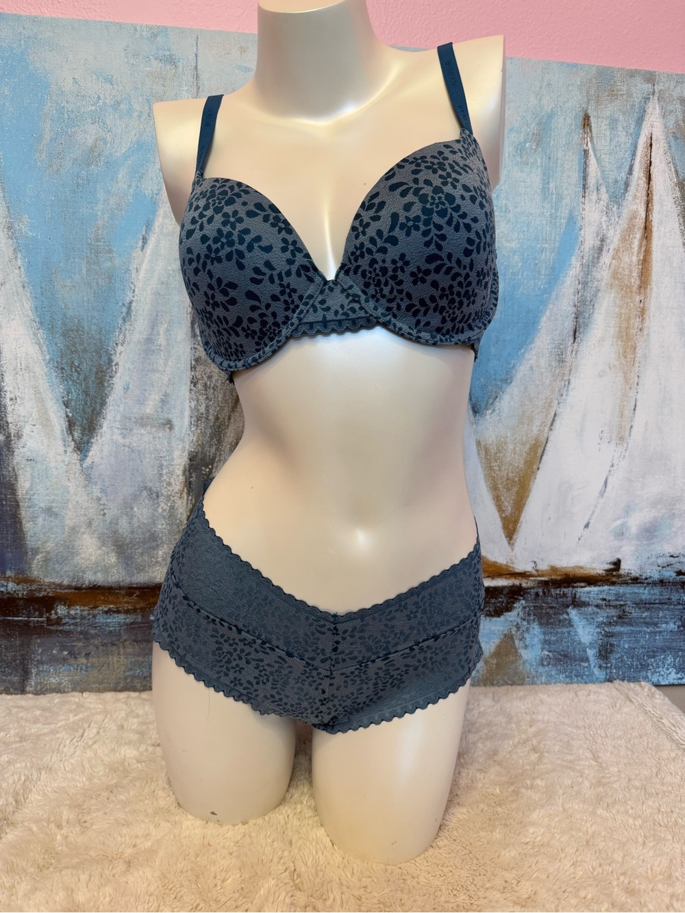 Adore Me Teal Floral Lace Push-Up Bra & Boyshorts Set